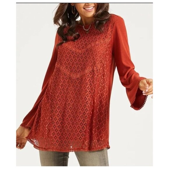 Women's Suzanne Betro Rust Pom Pom Trim Eyelet Lace Tunic Top Sz Large - Picture 2 of 7